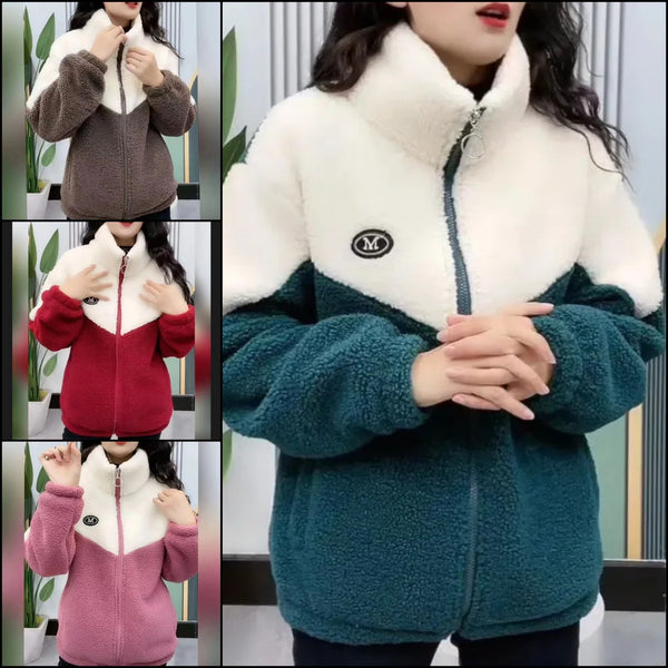 Women’s Thick Patchwork Lamb Fleece Mid-Length Zipper Warm Topcoat Winter Jacket