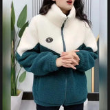 Women’s Thick Patchwork Lamb Fleece Mid-Length Zipper Warm Topcoat Winter Jacket
