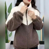 Women’s Thick Patchwork Lamb Fleece Mid-Length Zipper Warm Topcoat Winter Jacket