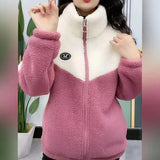 Women’s Thick Patchwork Lamb Fleece Mid-Length Zipper Warm Topcoat Winter Jacket